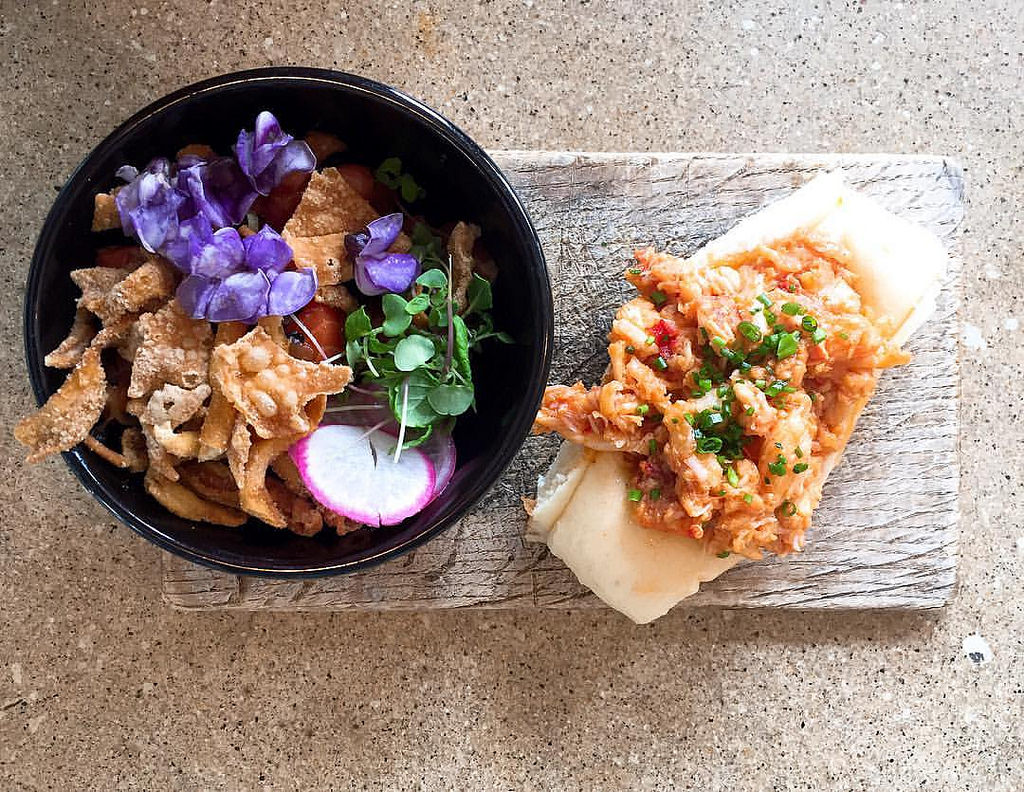Salmon Poke and Brown Butter Lobster roll by Flicker User Joy , Creative Commons 2.0 license.