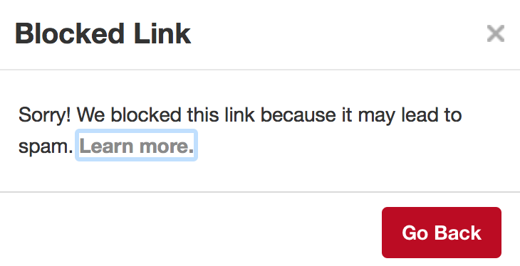 pinterest account suspended: The dreaded message I received when Pinterest blocked my website.