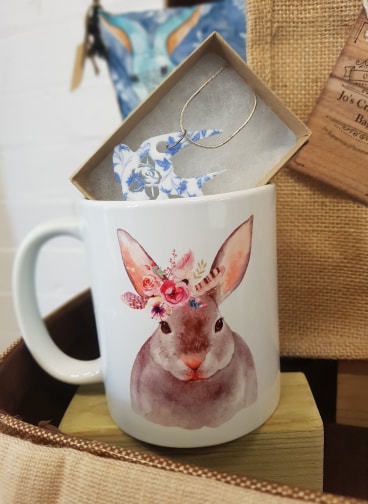 Floral Swallow Necklace by Beams and Bobbins, £9 Bunny Mug by Drawn with a Pencil, £7.45