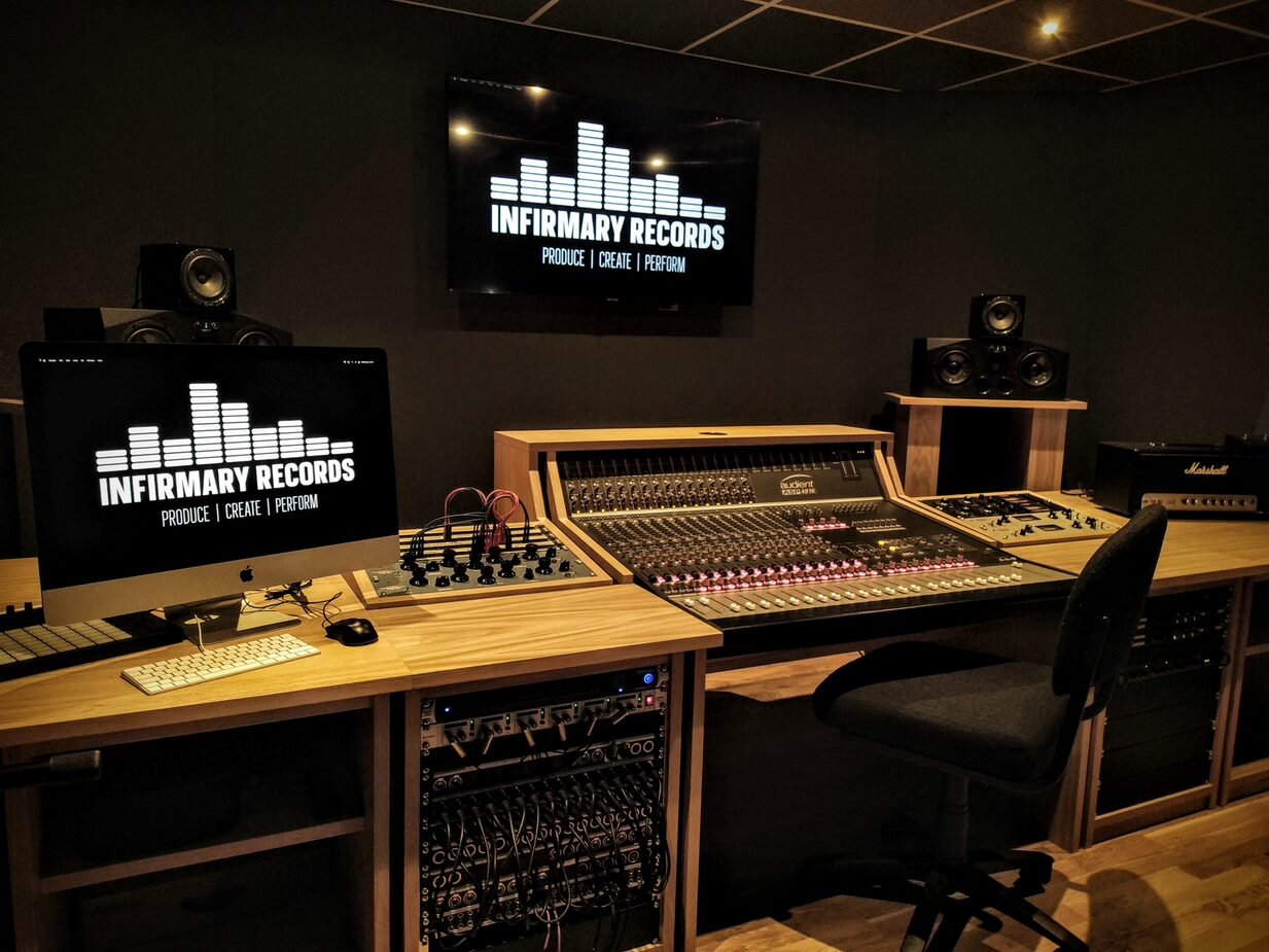Infirmary Records is now available to hire! Boasting a 32CH audient inline mix console and custom built live space, there's no better place record your next release, voiceover, or audio-based advert!

&pound;50 per hour (minimum of 2 hours hire) or &