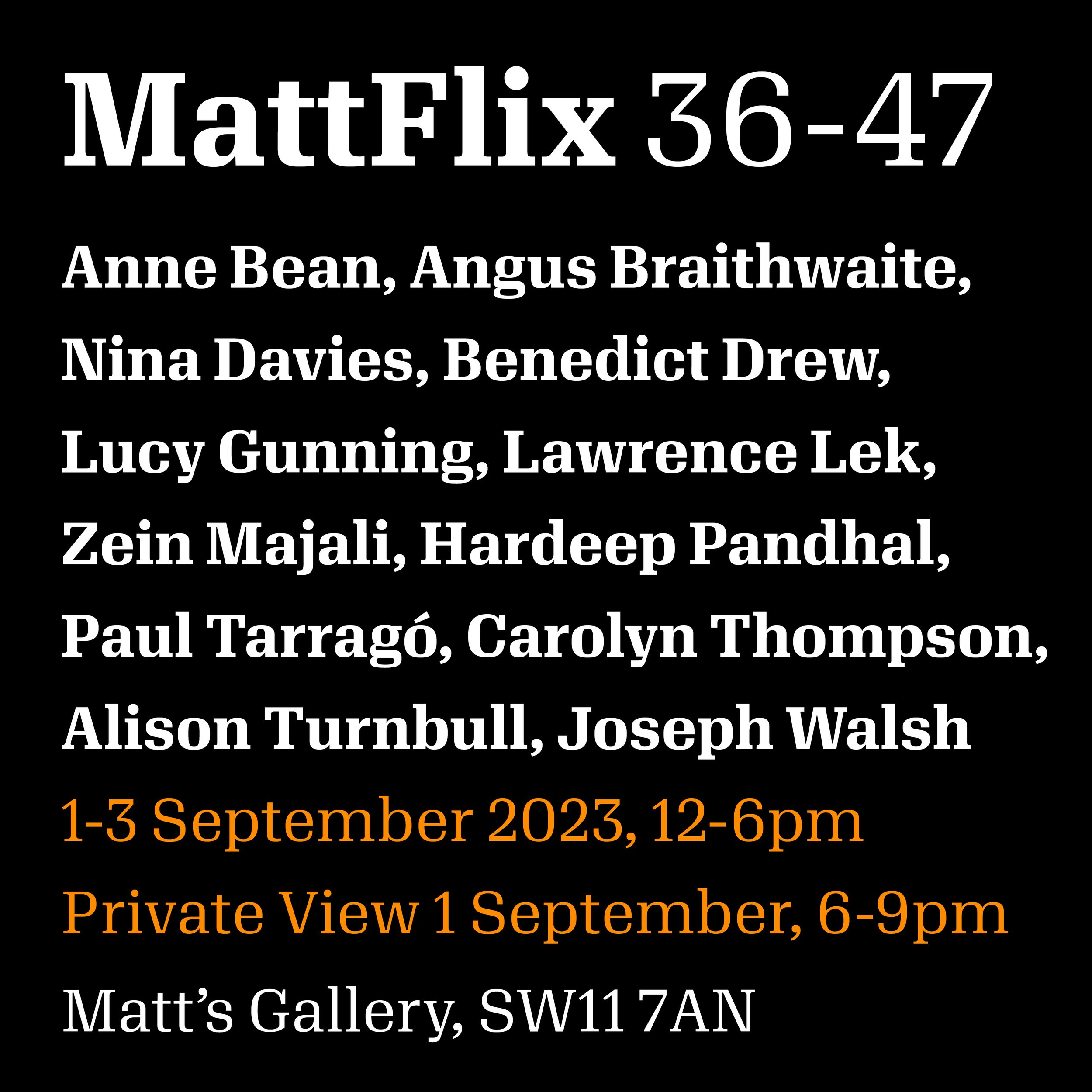 MattFlix 36-47 at Matt's Gallery, 1–3 September 2023