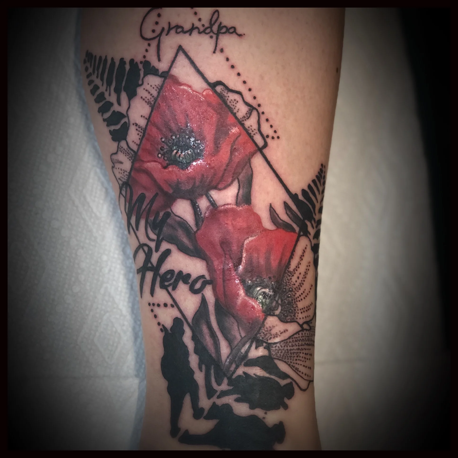 Geometric and Realistic Poppy Tattoo