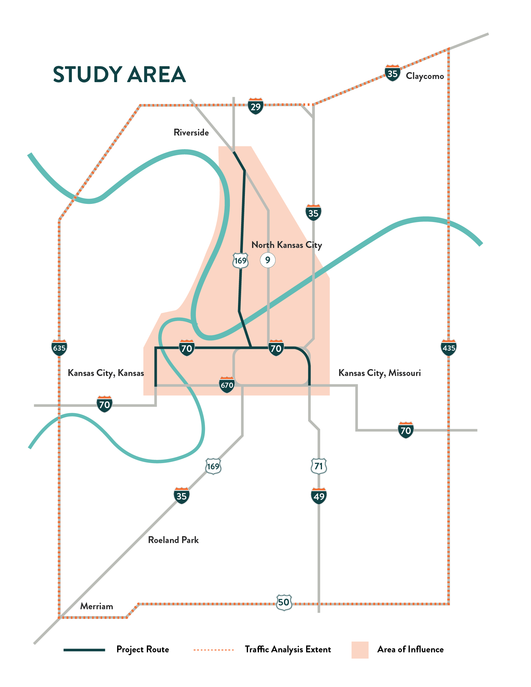 Study area of influence follows MO 169 (The Broadway Extension) from Riverside, along the edge of the downtown airport and across the Broadway/O'Neil Bridge. It stretches across the North Loop of I-70 from I-35 on the East to I-670 on the West in KCK. Traffic impacts will be studied from inside the majority of the 435 Loop around the region.