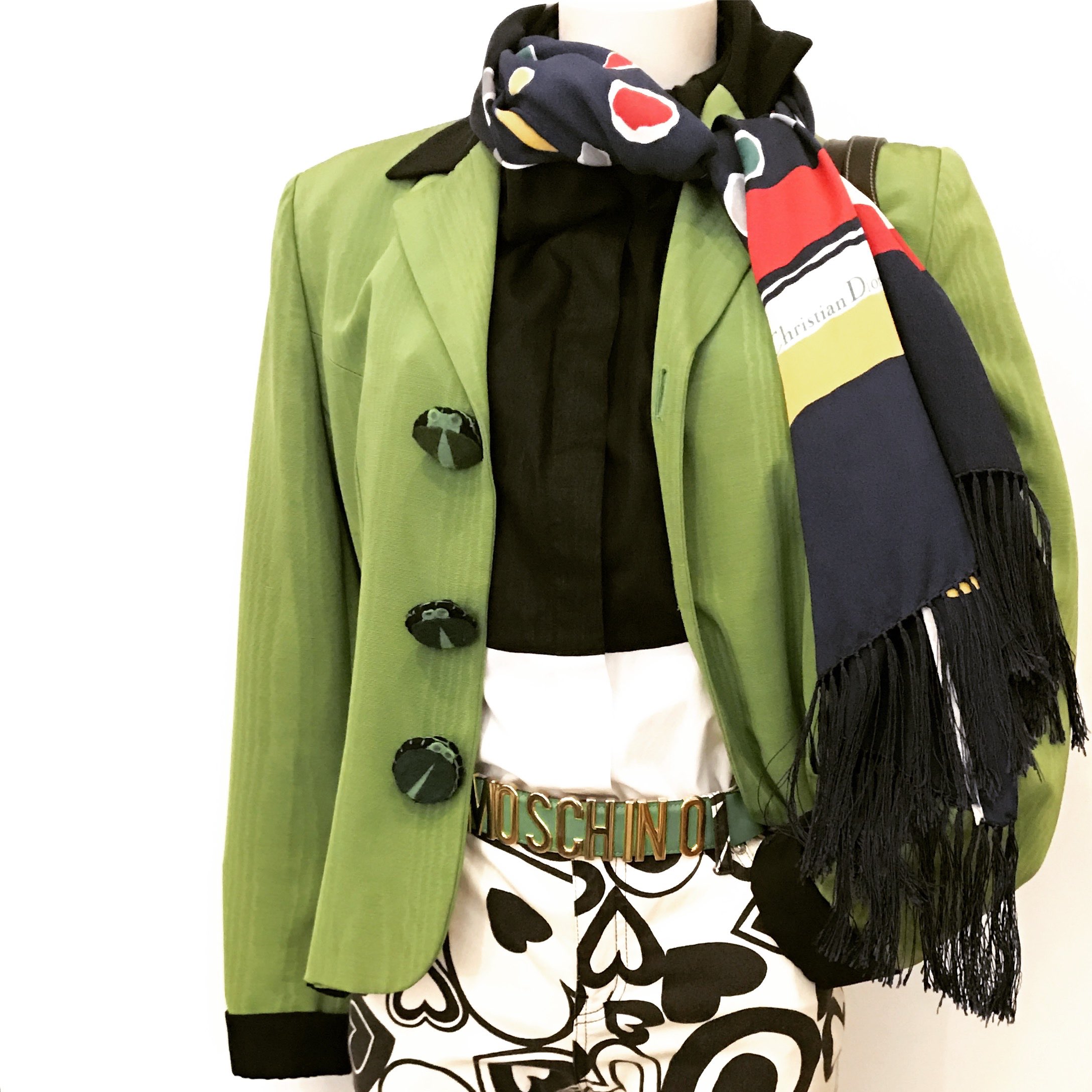 Moschino frog button jacket w Moschino trousers and Belt