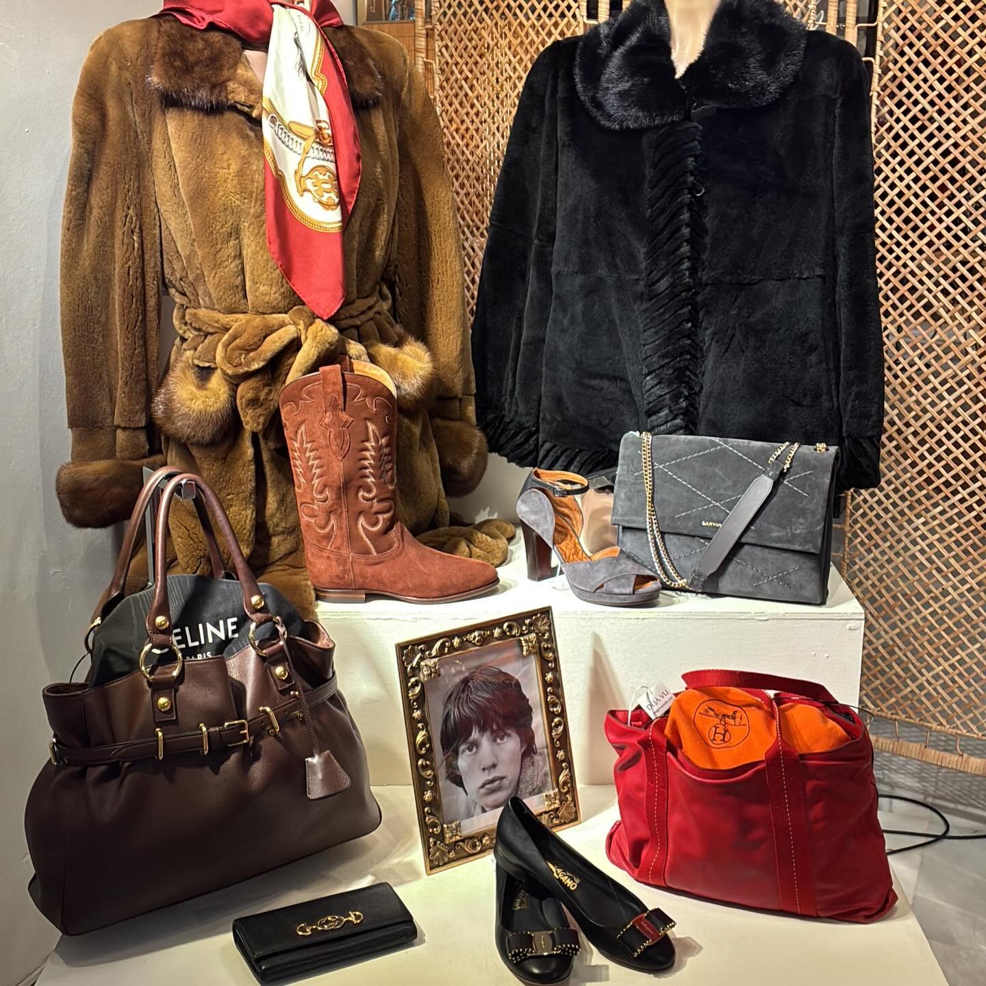 Front window display featuring Celine Handbag and Hermes  tote