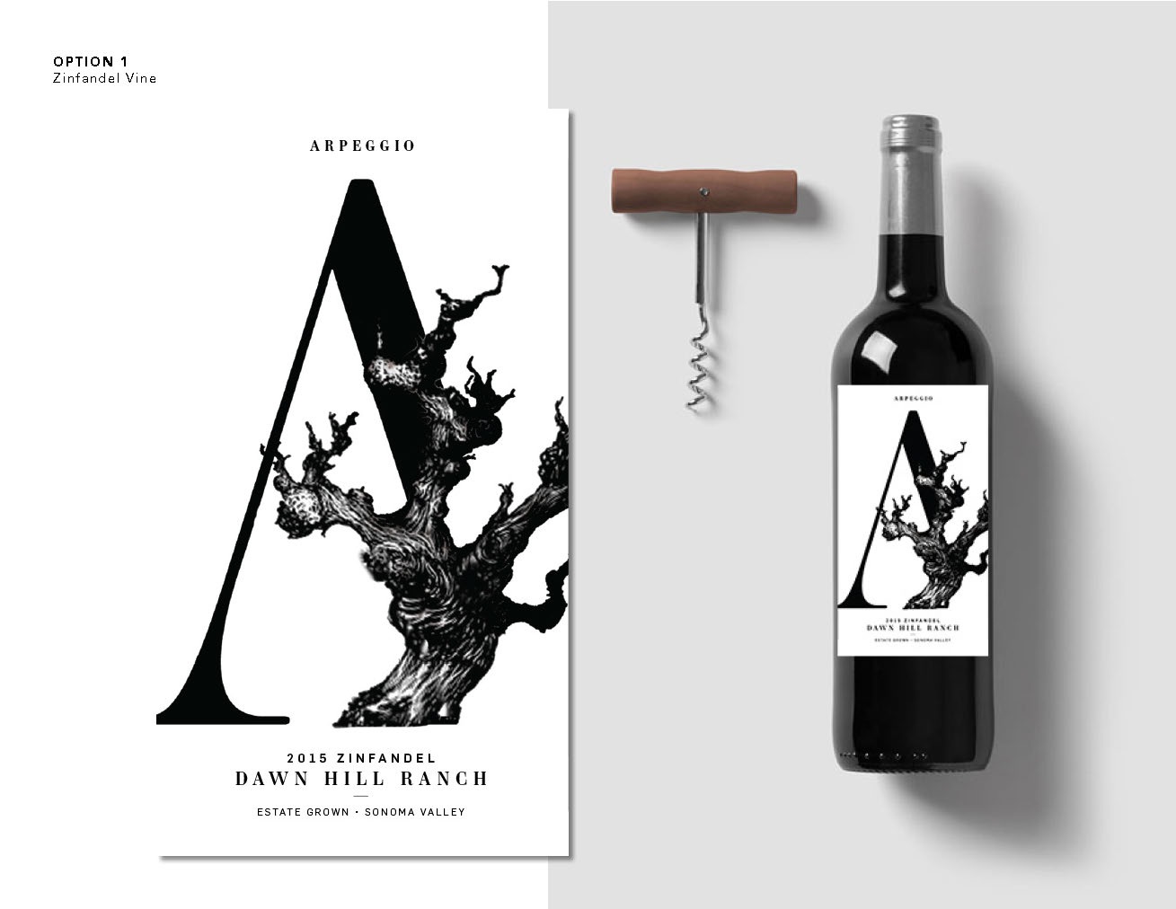  A visual play on “A to Z”, with the prominent A letterform that is only completed with a drawn sketch* of a Zinfandel vine. *FPO artwork by unknown artist 
