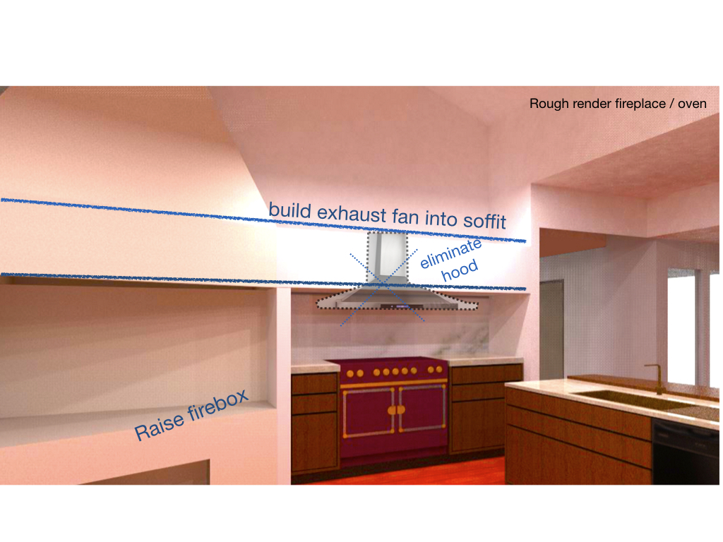 Conceptual phase: A design puzzle was uniting the kitchen fireplace and range. Wut Hwe from Panafold conceived of a linear soffit, shown in this early render. The finished work is featured on the cover.