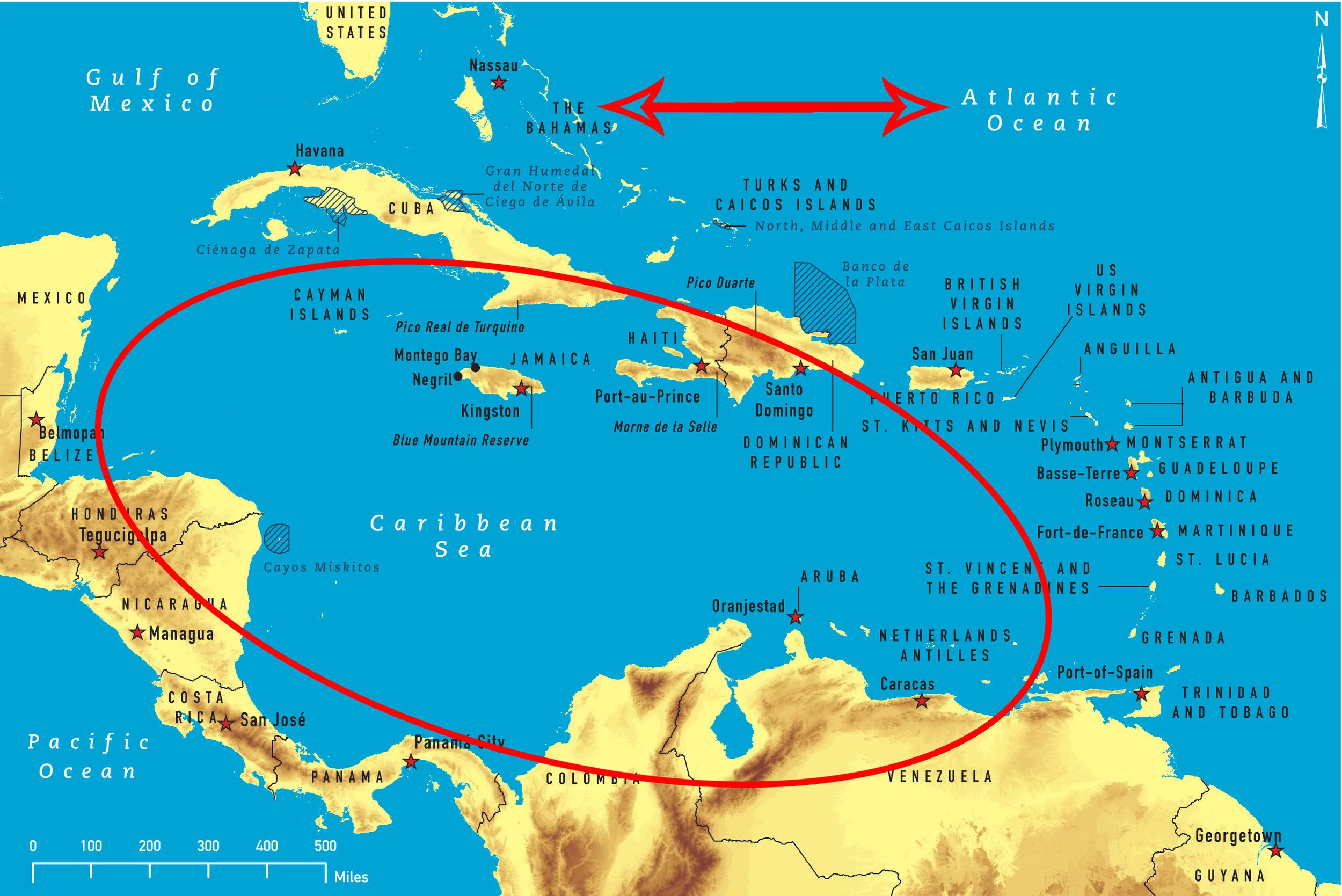 Are there any Bahamian islands in the Caribbean Sea? No? Very well. 