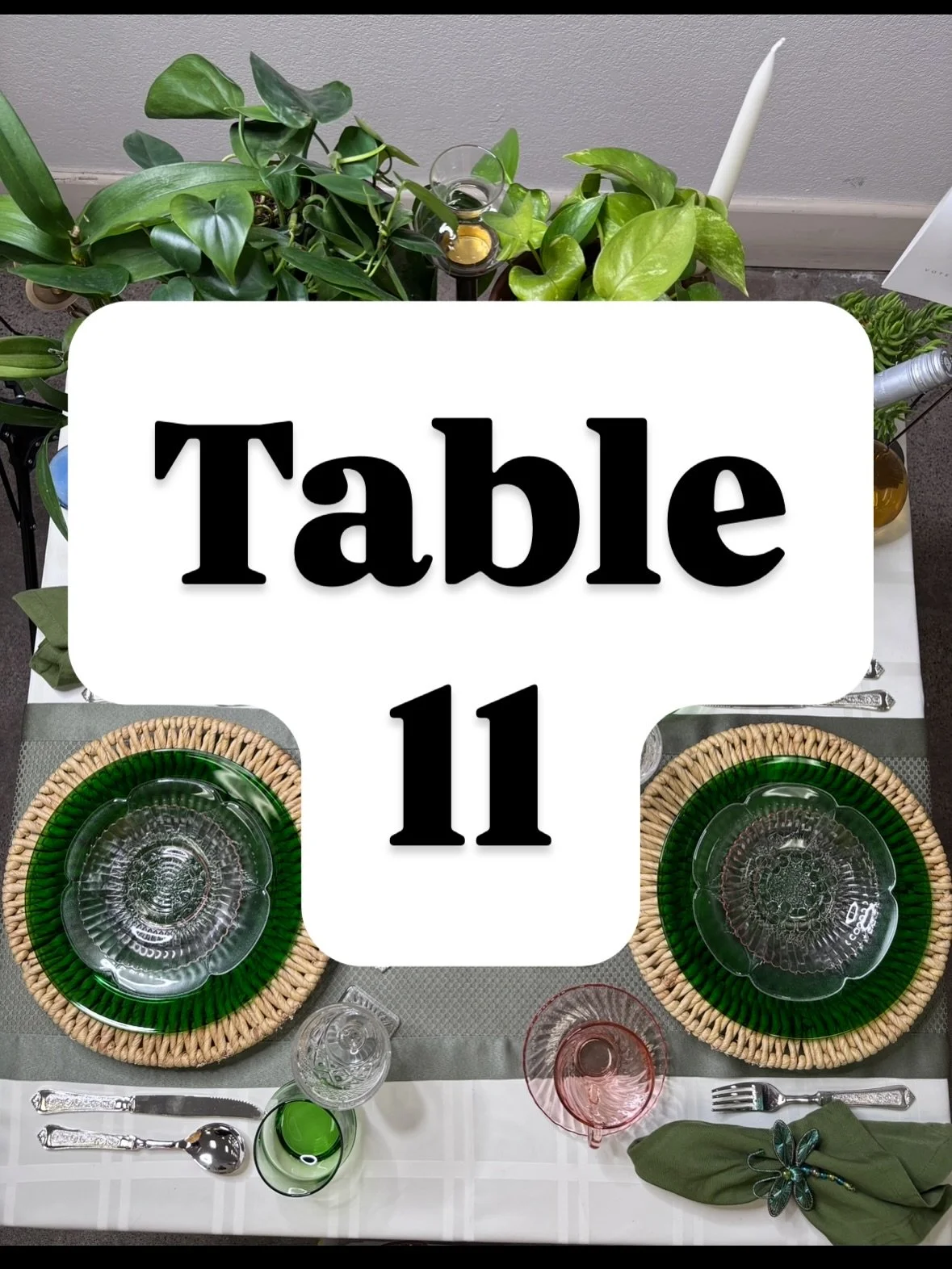 Table 11: &ldquo;Vintage Verdancy&rdquo;
Table Setter: Jayce K. (@The_Thrifted_Trowel)

Welcome to the enchanting Vintage Verdancy tablescape, a celebration of locally sourced vintage treasures that blend nostalgia with the vibrant essence of natur