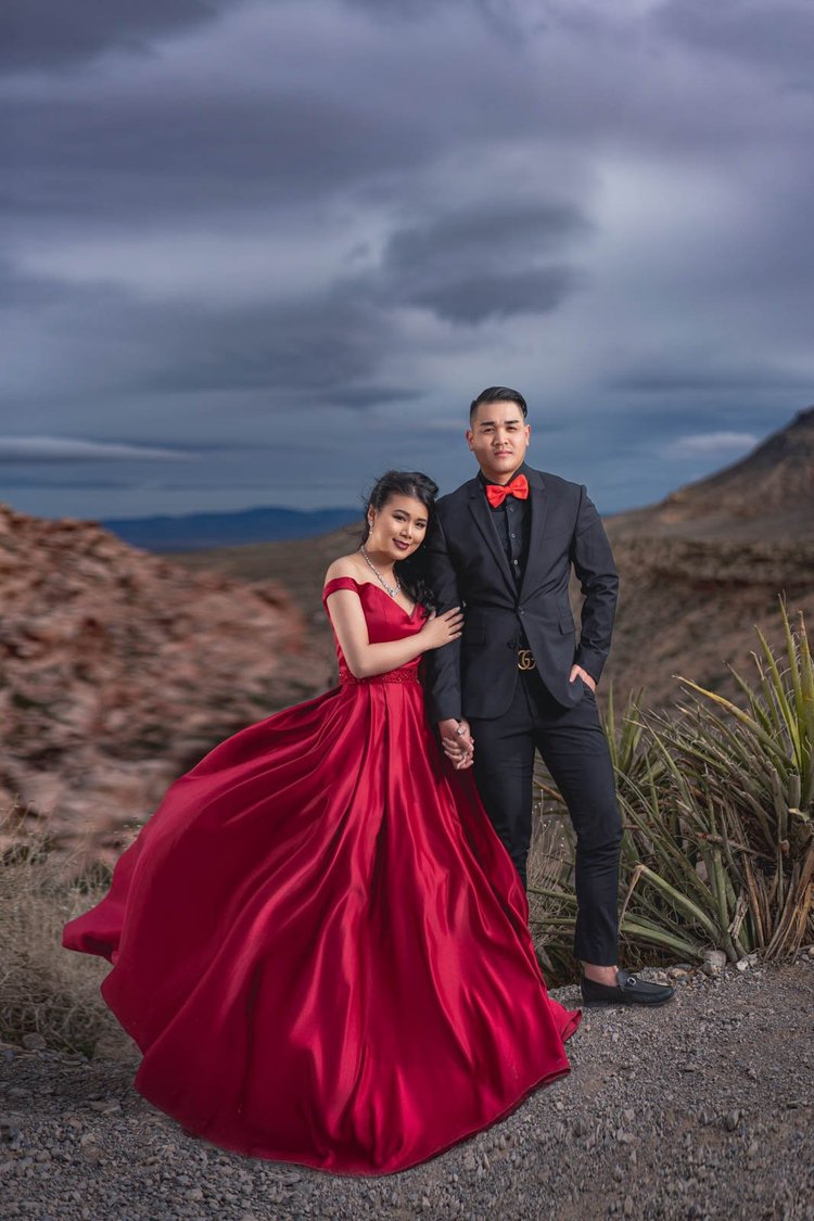 Engagement photos with a red gown at sunset, by Henry M Production