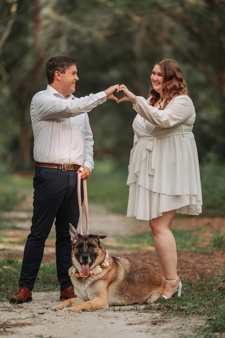 Engagement photos in the forest with their dog, by Henry M Production