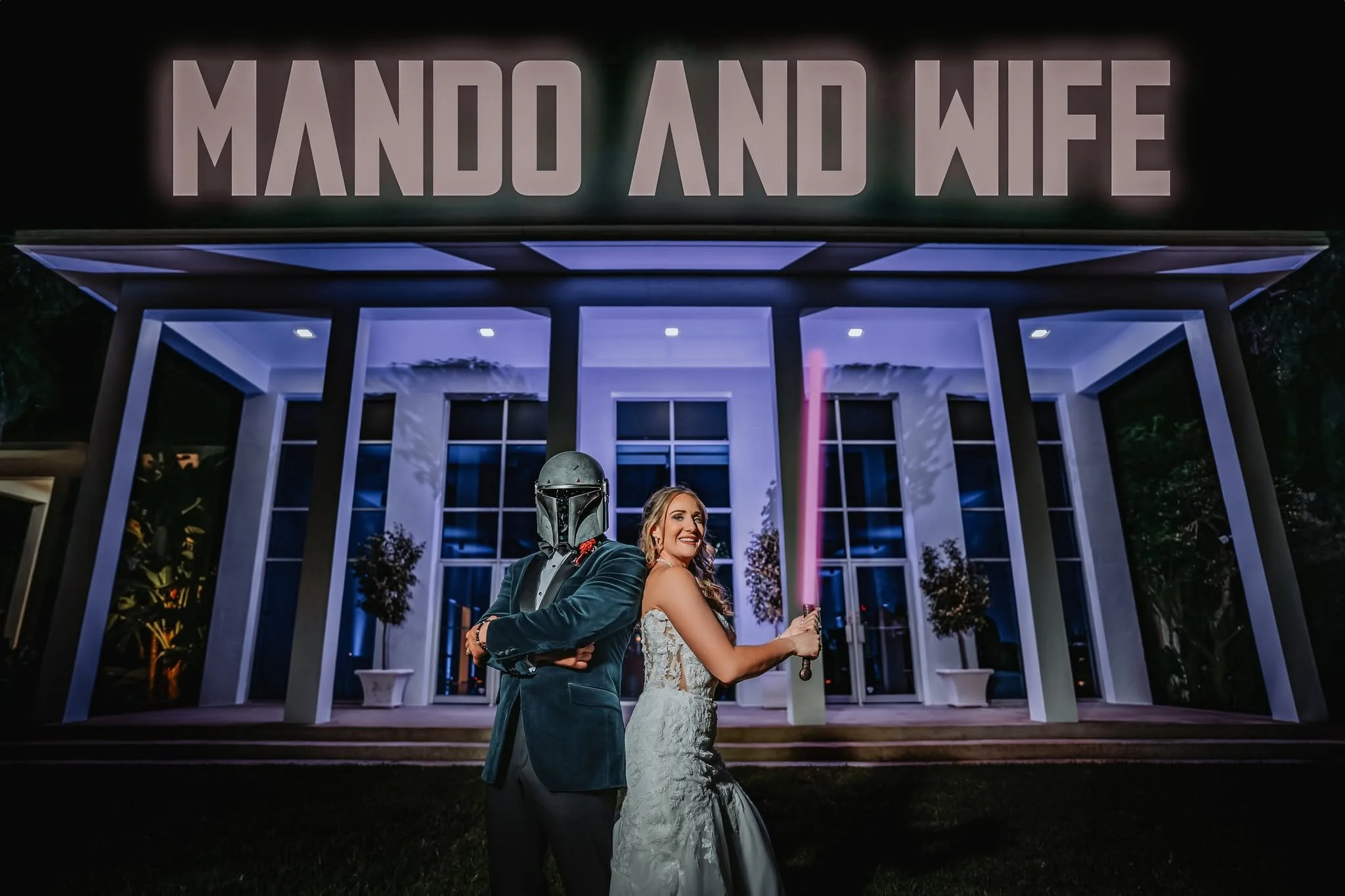 Andrew and Heather Star Wars wedding at Tampa Garden Club, glowing Mando and Wife neon sign, photo 1