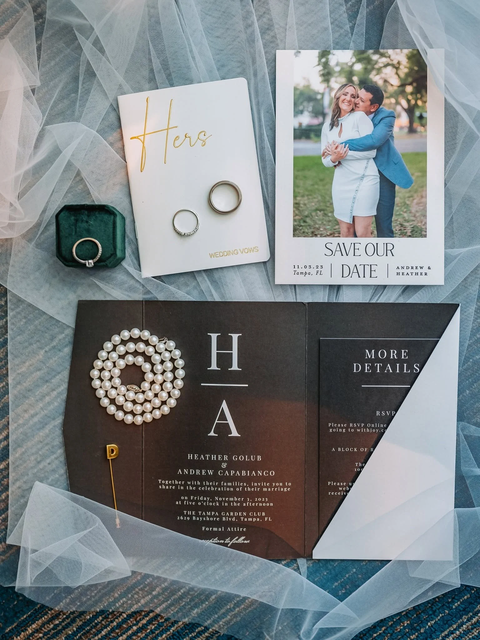 Andrew and Heather wedding details at Tampa Garden Club, rings and invitation suite, photo 2