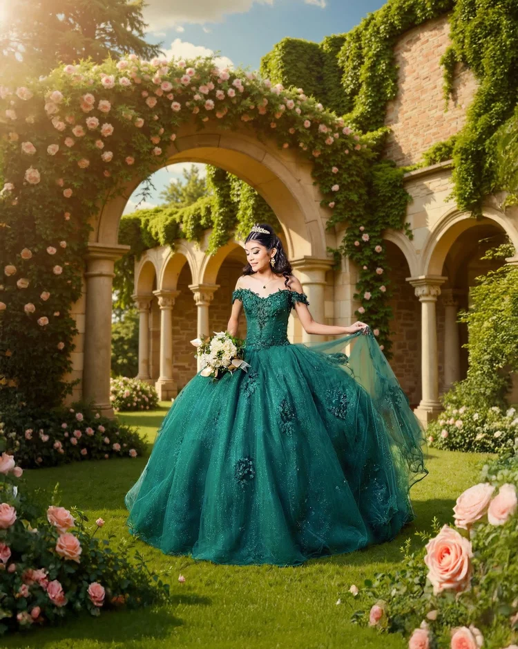 Quinceañera portrait in an emerald gown under a garden arch, by Henry M Production