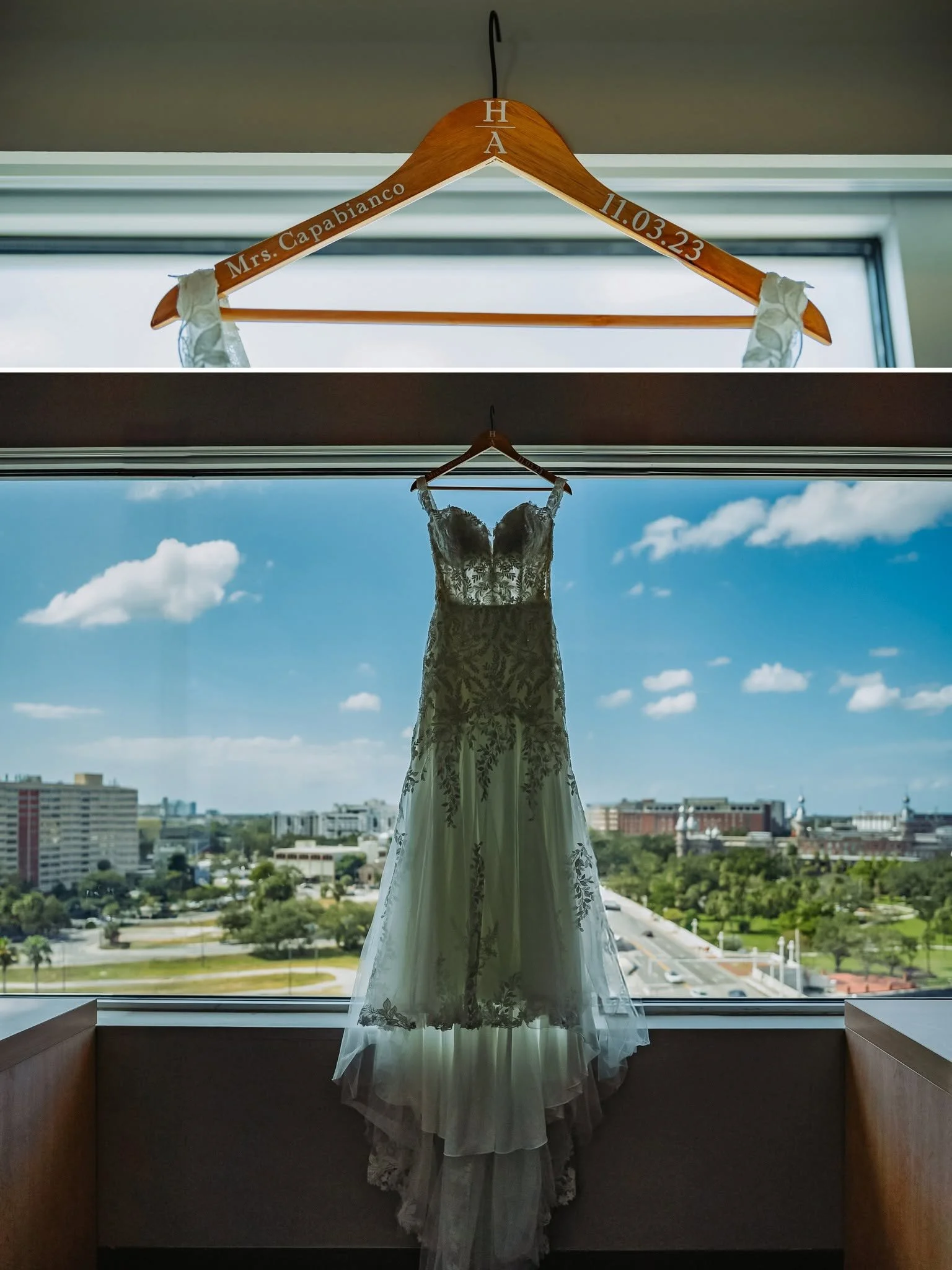 Andrew and Heather wedding at Tampa Garden Club, wedding gown hanging in a high rise window over Tampa, photo 3
