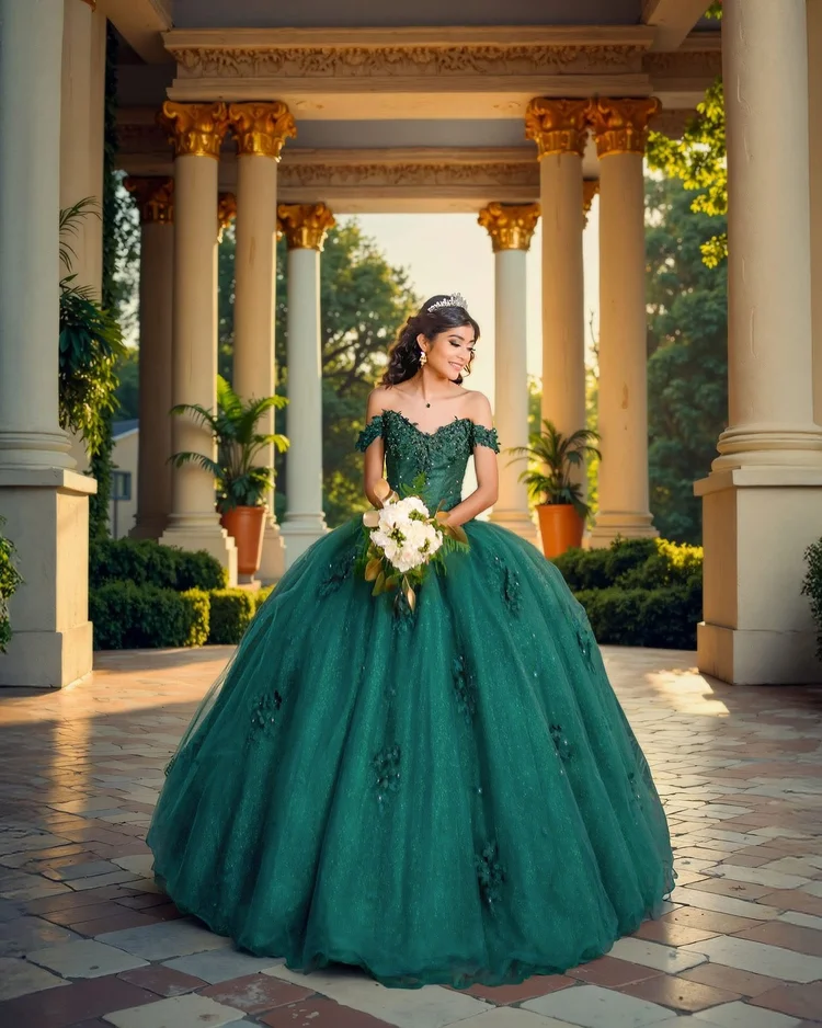 Quinceañera portrait in an emerald gown among columns, by Henry M Production