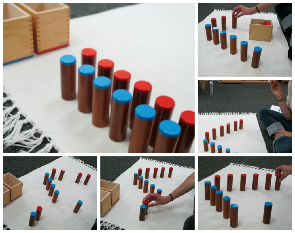 Sets of wooden cylinders with varying dynamics and timbre are sorted by children into sound discrimination categories.