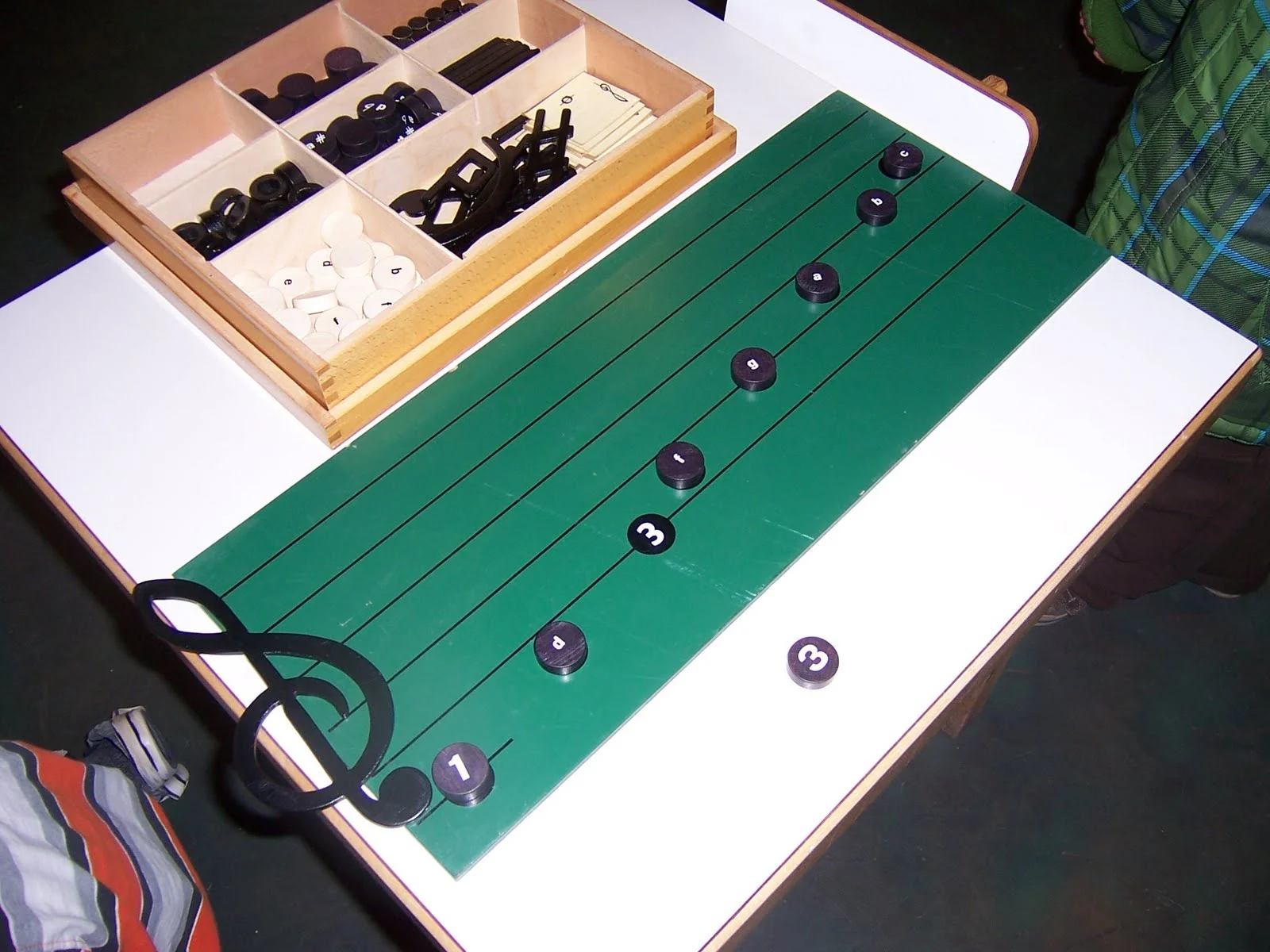After the child's ear is more developed, manipulative materials and games teach music notation and theory.