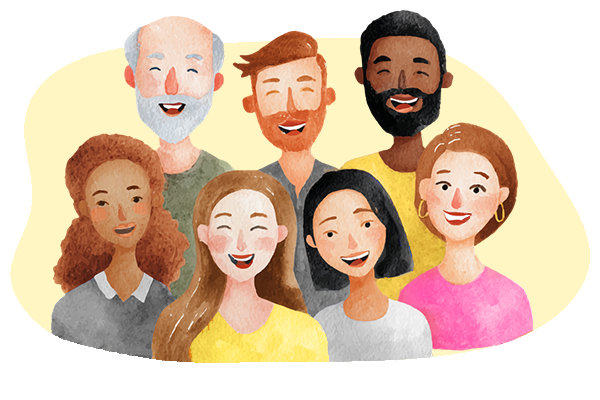 watercolor illustration of group of men & women of different ages and races 