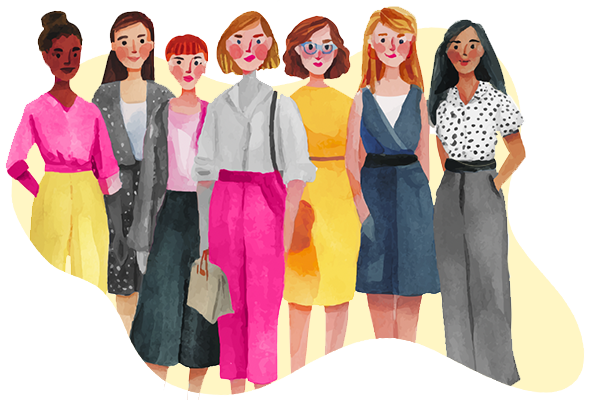 Group of women of different races illustrated in watercolor