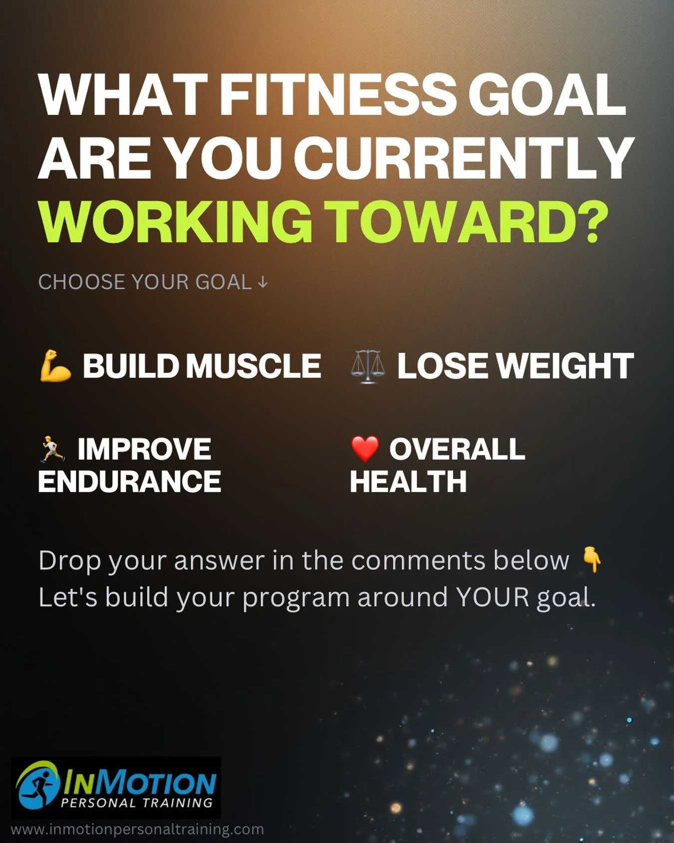 Everyone starts with a goal.

What are you currently working toward?

💪 Build Muscle
⚖️ Lose Weight
🏃 Improve Endurance
❤️ Improve Overall Health

Drop your answer in the comments! #inmotiontraining #personaltraining #fitnessgoals #gymmotivation #h