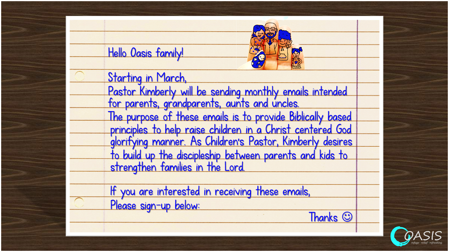 Okids discipleship E-mail Sign-up