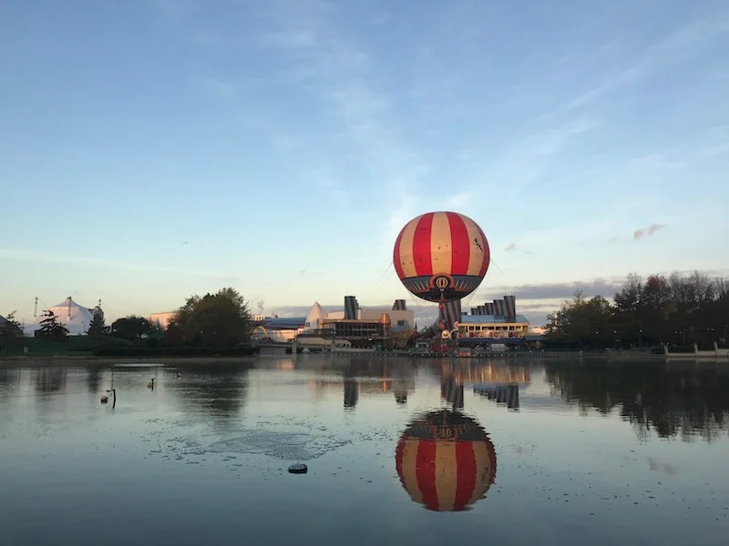 The view of Disney Village across Lac Buena Vista from Disney's Sequoia Lodge