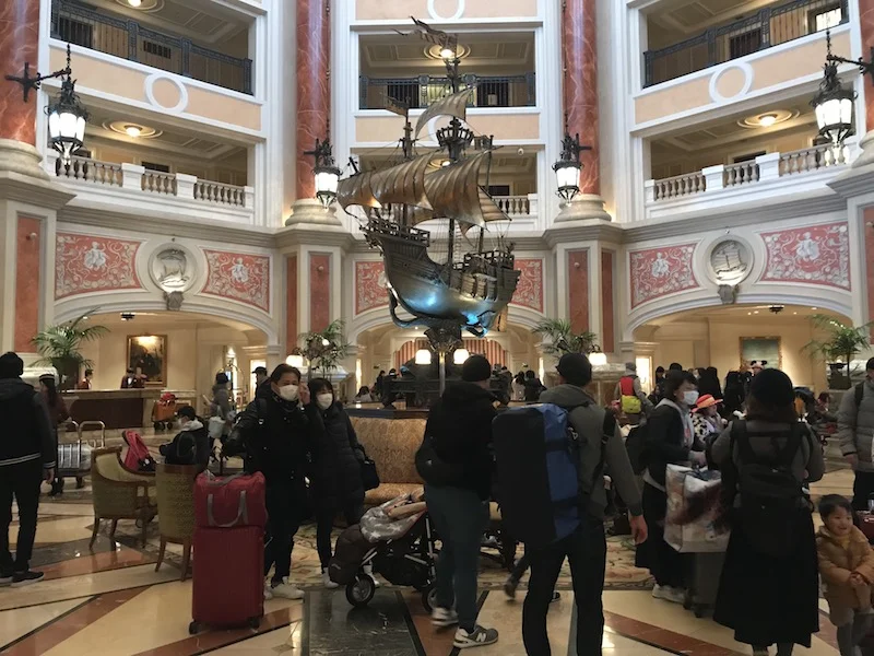The busy lobby at Tokyo DisneySea Hotel MiraCosta
