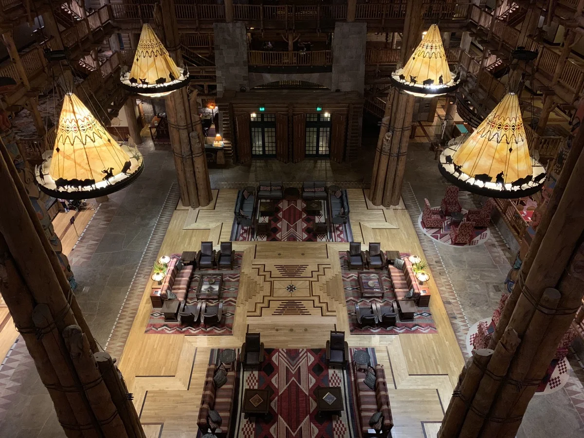 The Wilderness Lodge lobby at night.