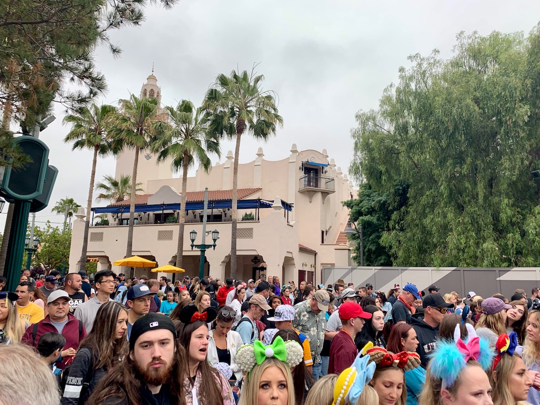 Rope drop crowd moments before park open at Disney’s California Adventure extended back to Carthay Circle.