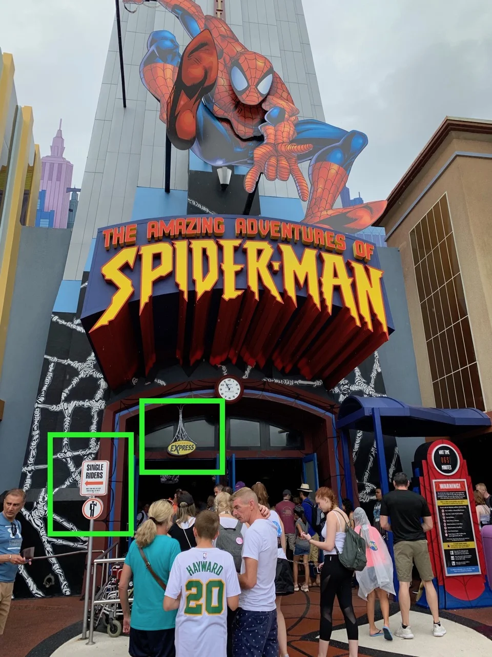 Spider-Man queue with Single Rider and Express entrances highlighted