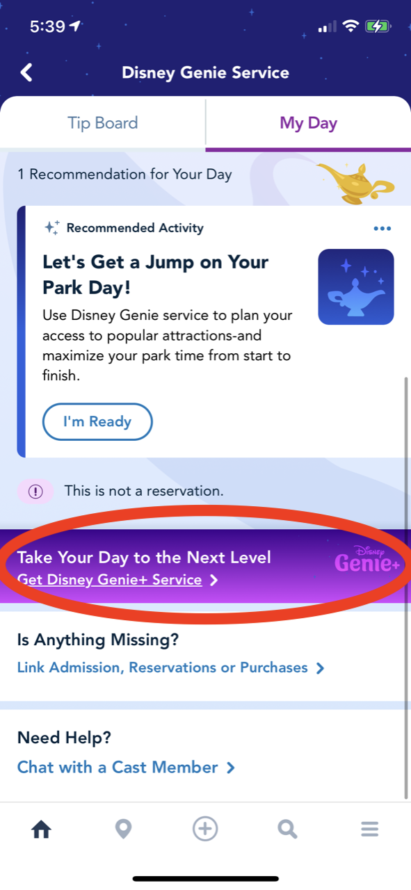  Tap to buy “Genie+” from within the “My Day” view 