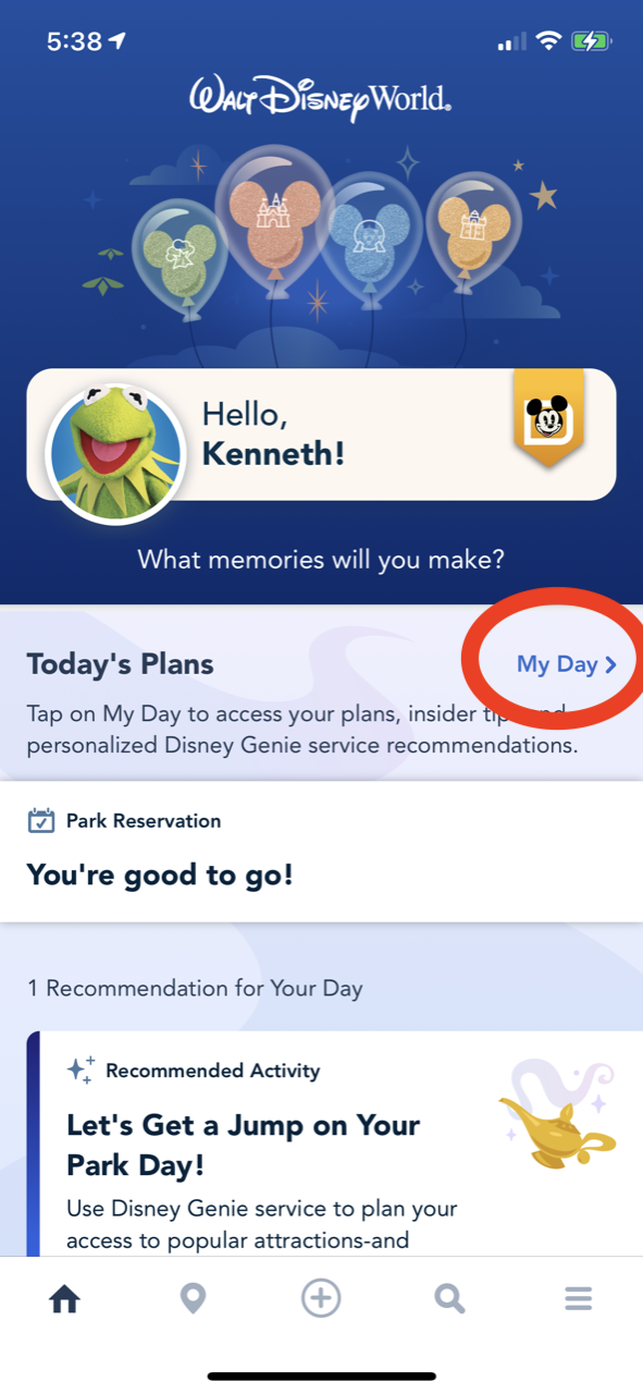  Accessing Genie’s “My Day” from the Disney World app 