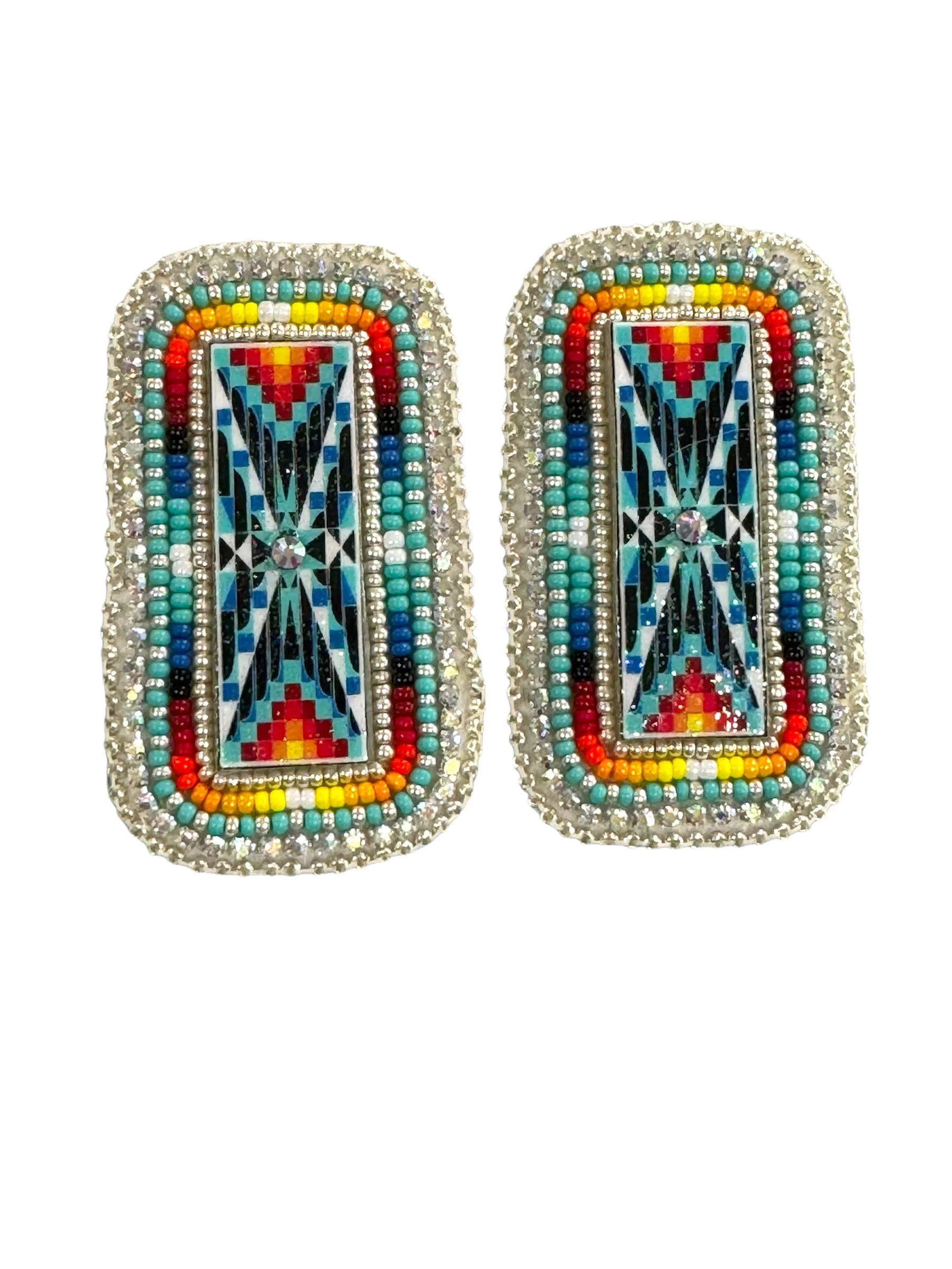 JBT – Spring 2024 COLLECTION - Hand Painted Beaded Shoshone Geometric Design Earrings- Turquoise Blue Fire