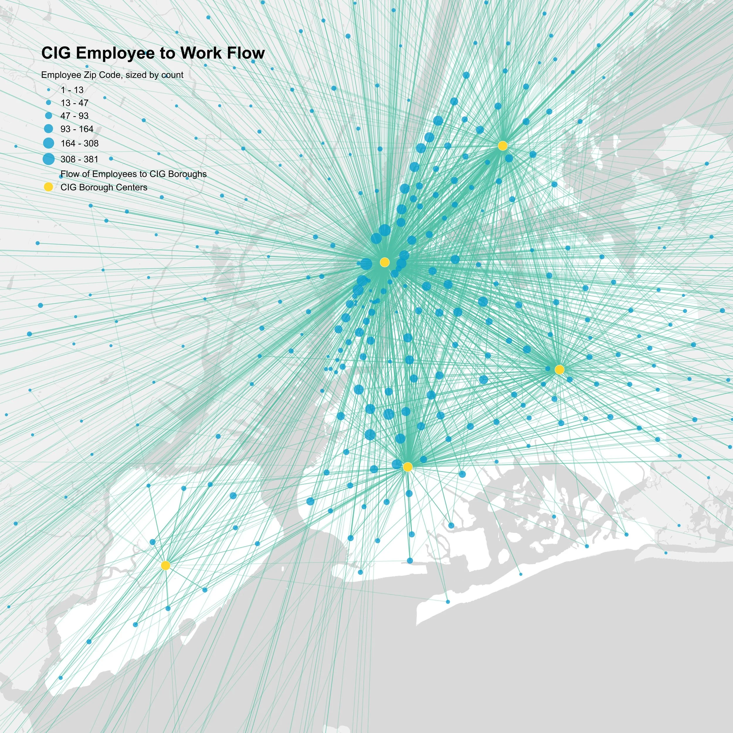 Flow map built with City Owned Cultural Institution (CIG) employee data using R and QGIS.