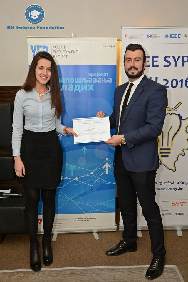 Ms. Adna Cosic with with Foundation Founder and Chair Prof. dr. Eddie Custovic. Adna was awarded a 12 month scholarship to study mechanical enigneering at the University of Zenica.