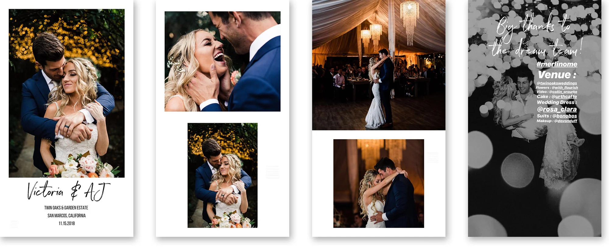 Pro Tip: Tag all the vendors and couple in each story post so they can easily share to their story on Instagram. You can make the text small and white if you don’t want it to distract from the images. Just make sure you write the @ symbol and their name and click on their profile when it auto-pops up so that their name underlines and it actually “tags” them.