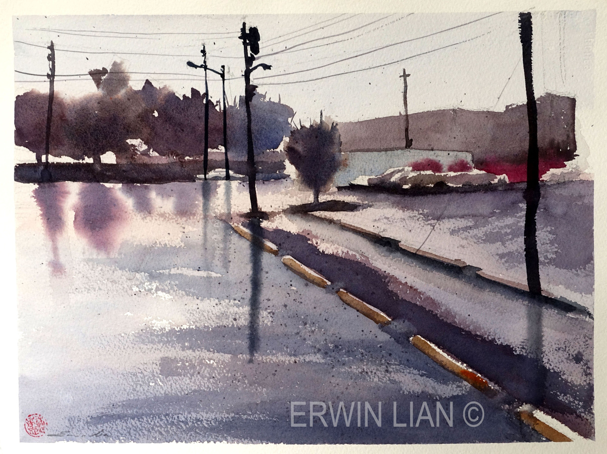 Parking lot opposite Topiary Park, 52cm x 23.5 cm, Transparent Watercolor