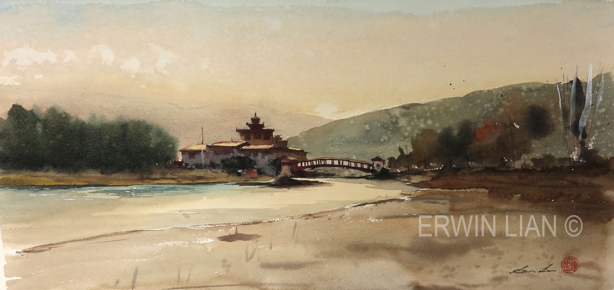 Punakha Dzong, 54.5cm 25 cm, Transparent Watercolor