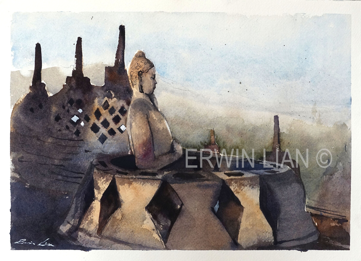 Sunrise in Borobudur, 33 cm x 23 cm, Transparent Watercolor