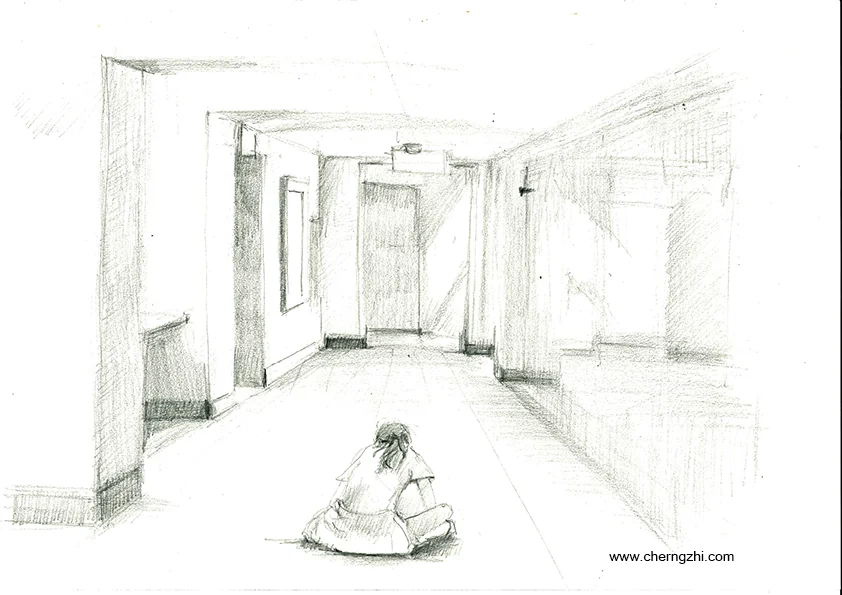 Demonstration sketch of drawing the hallway. I captured one of my student, working in the hallway.