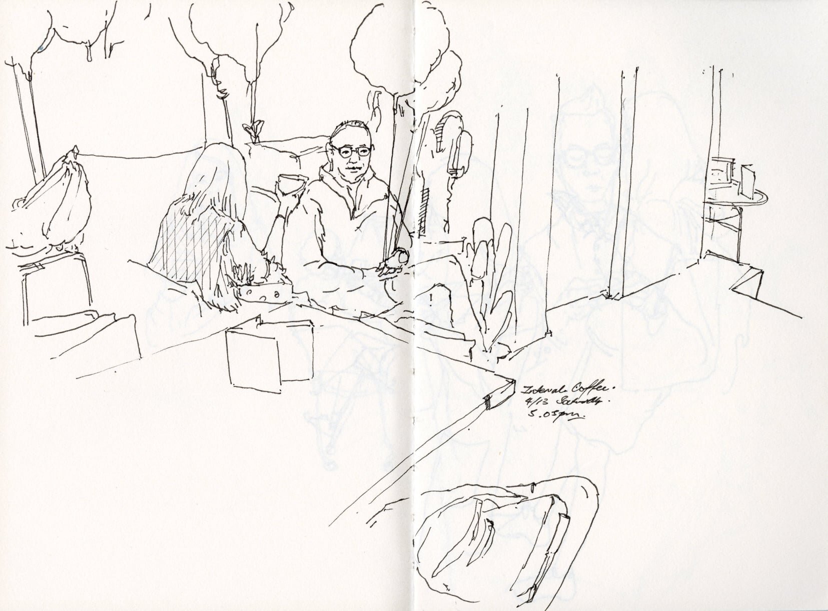  Sketch of a couple in a Cafe. Everything is compact in Hong Kong. 