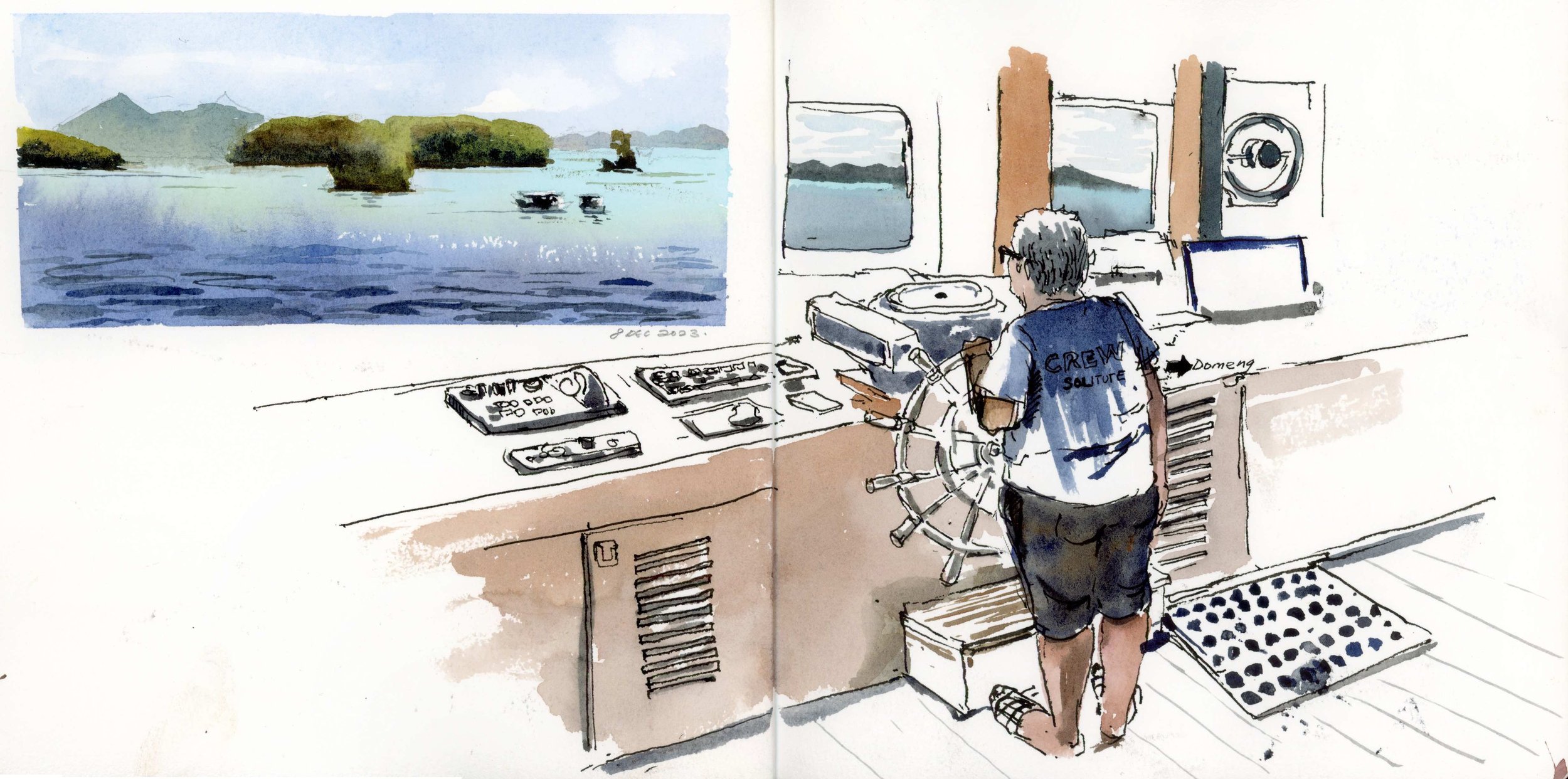  Sketch capturing Domeng tending to the ship, while I immersed myself in creating a small plein air piece featuring the mesmerizing rock island outside. The pristine, clear turquoise water surrounding us was nothing short of incredible. 