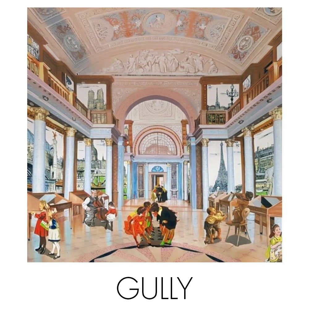 Gully NextStreet Gallery French anonymous artist representing museum with kids and famous paintings on walls Andy Warhol and Basquiat representation