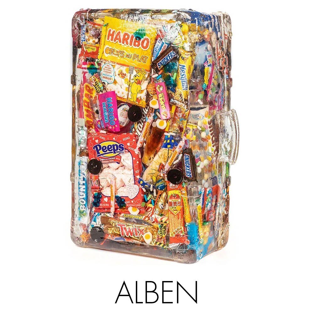 Alben NextStreet Gallery funny sculpture with childish objects like candy inside resin 