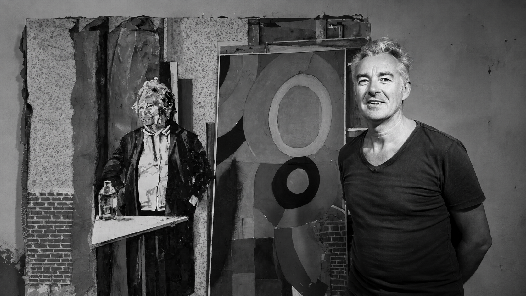 Sébastien Bayet in his studio with his artworks