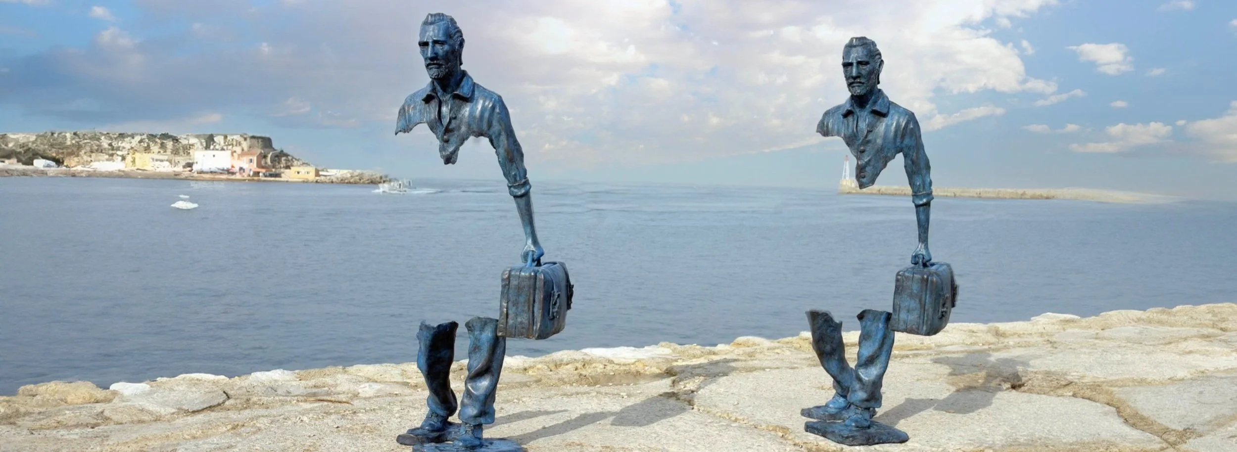 Bruno Catalano, Les Voyageurs sculptures overlooking the sea