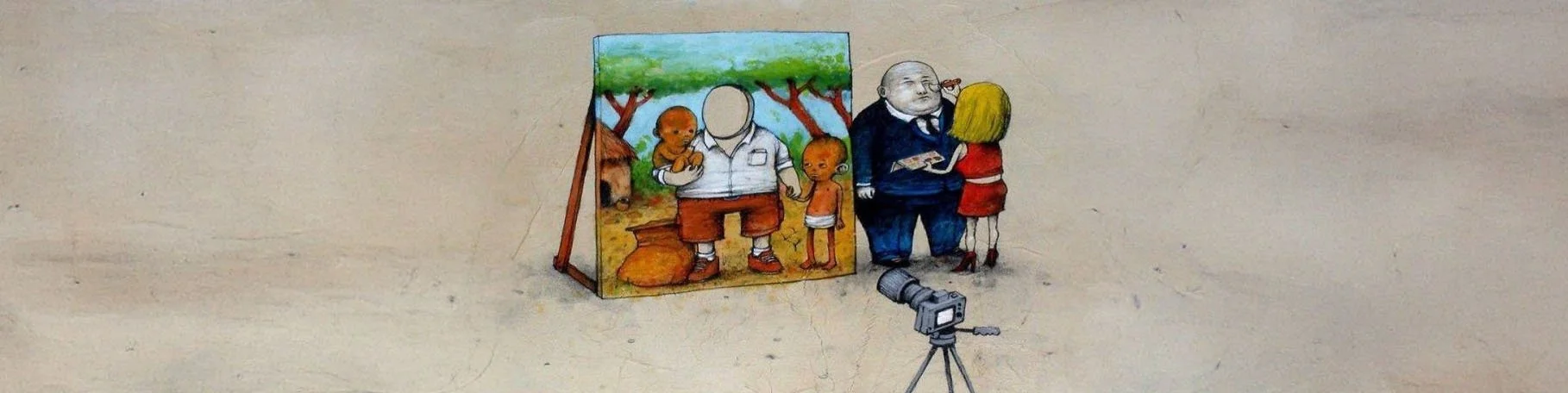 Satirical artwork by Dran depicting a staged photograph against a painted backdrop