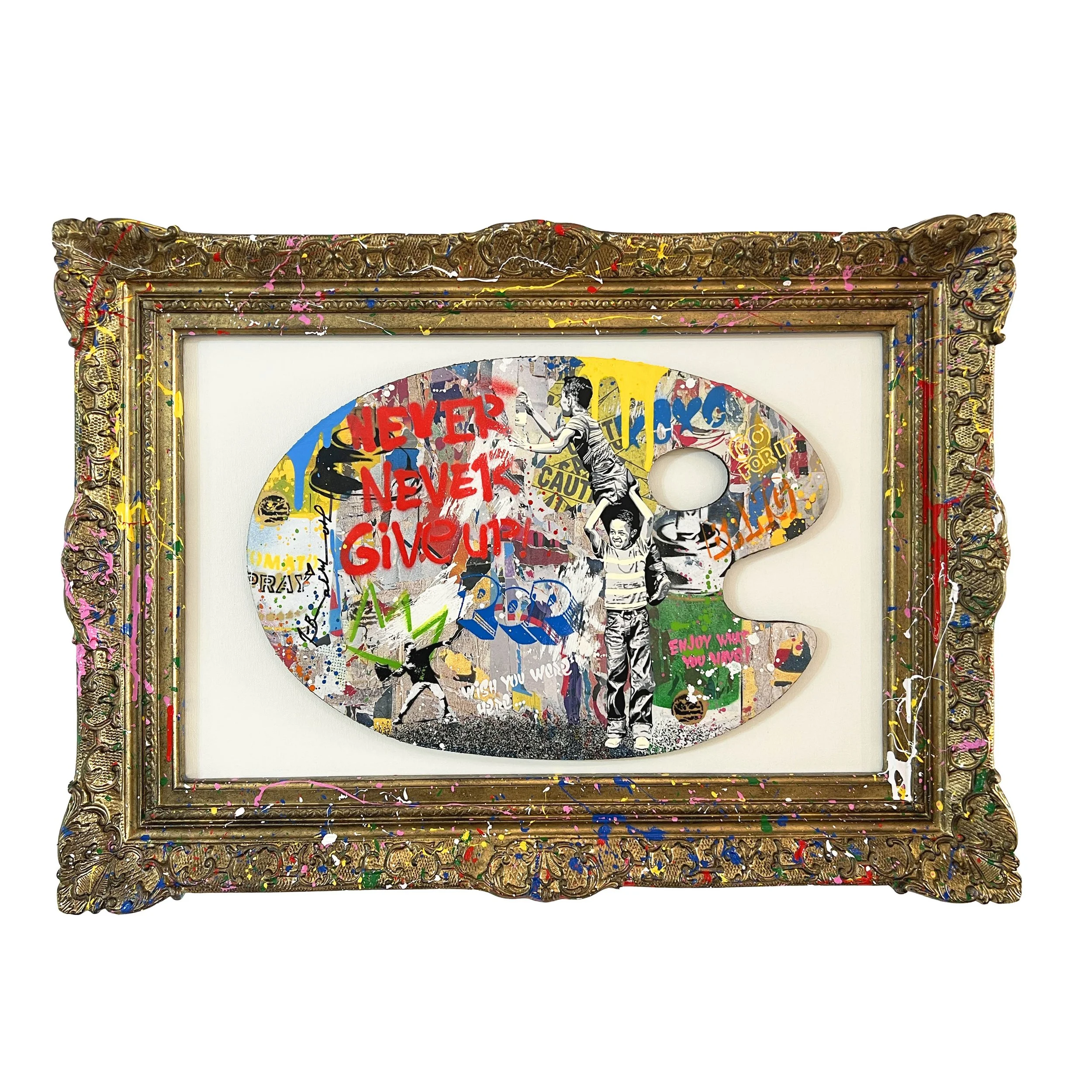 Mr. Brainwash, Never, Never Give Up!, 2026, unique mixed-media work on wood palette