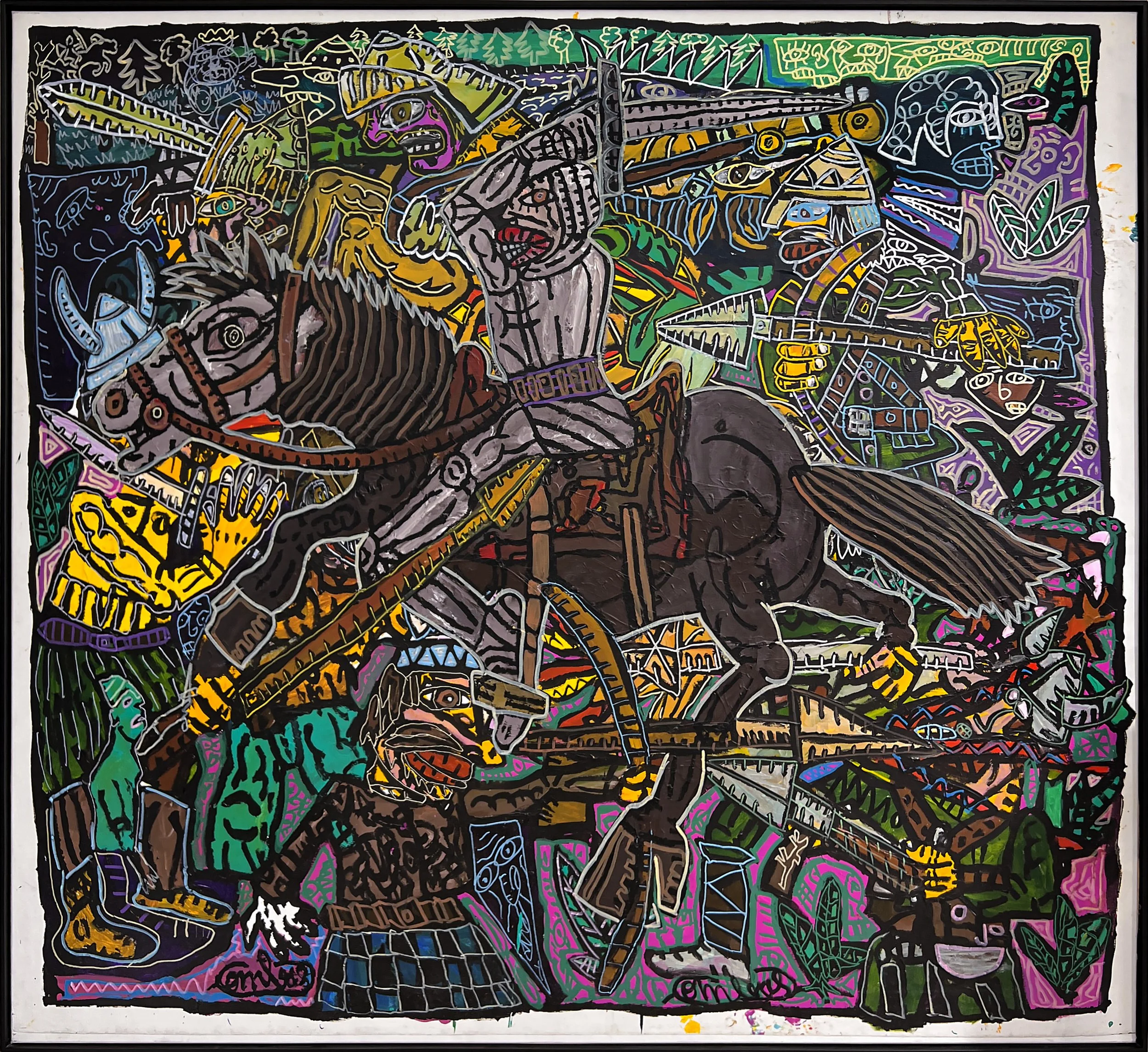 Robert Combas, À l'attaque, on va les couper en deux, circa 1993, acrylic on canvas